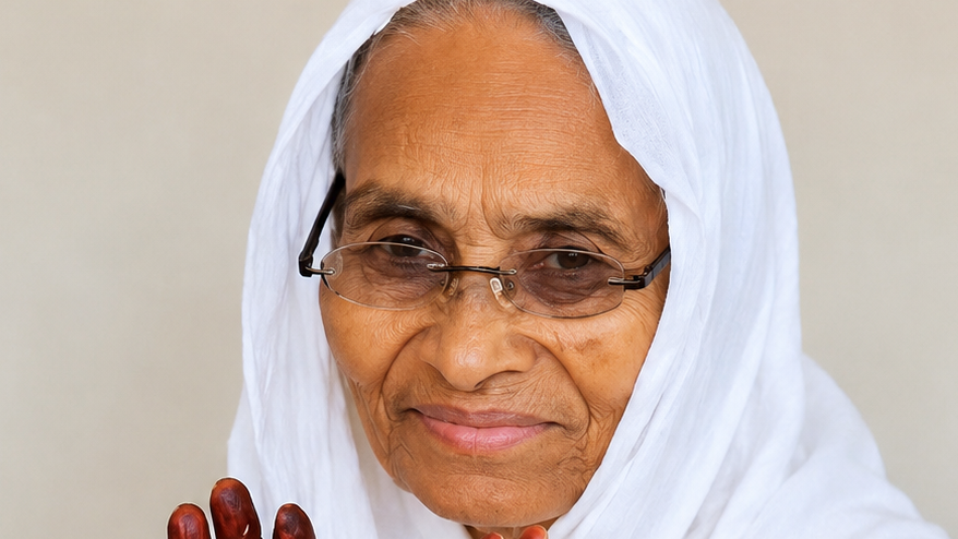 Elderly woman in a white headscarf and glasses, smiling softly with her hand raised and red-stained fingers visible.