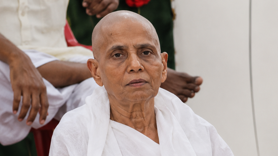 Close-up of an elderly person with a shaved head wearing a white robe, looking toward the camera.