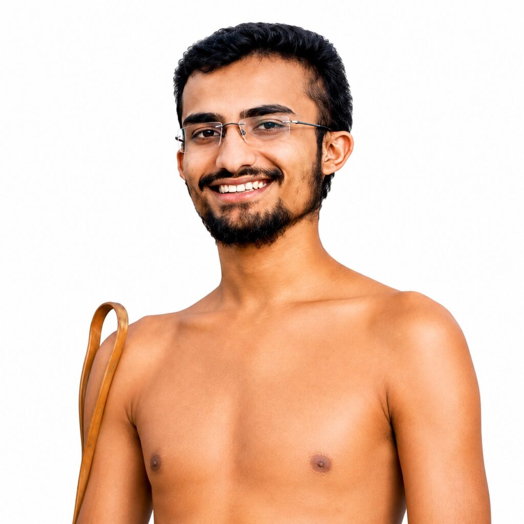 Smiling man with glasses, bare chest, holding a wooden chair back over his shoulder against a white background