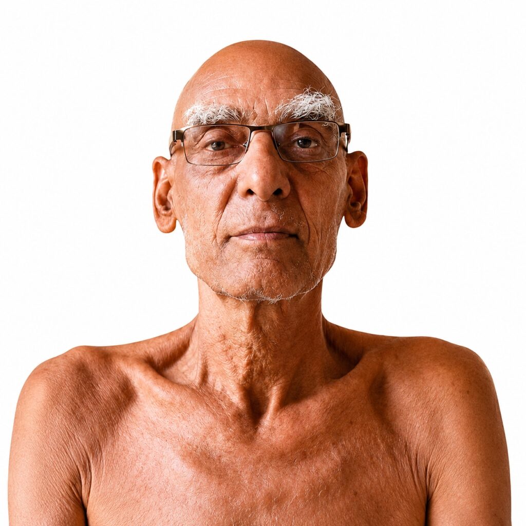Close-up portrait of an elderly man with white eyebrows and beard, wearing glasses, against a white background.