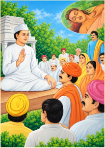 Sikh guru seated in white robes blessing a crowd of devotees outdoors with green trees and blue sky behind.