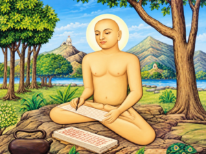 Buddha figure meditating on a rock, halo around head, writing on a scroll in a lush landscape.